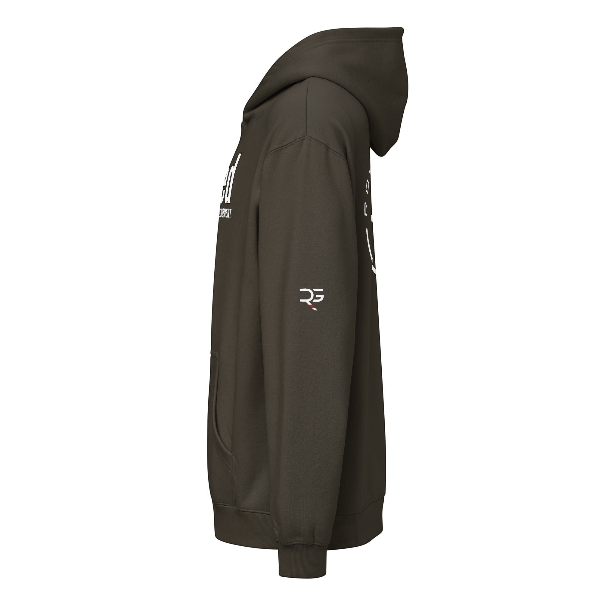 Roll Gear Earned Not Given Legacy Edition brown hooded sweatshirt with white text and logo on sleeve.