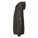 Roll Gear Earned Not Given Legacy Edition brown hooded sweatshirt with white text and logo on sleeve.