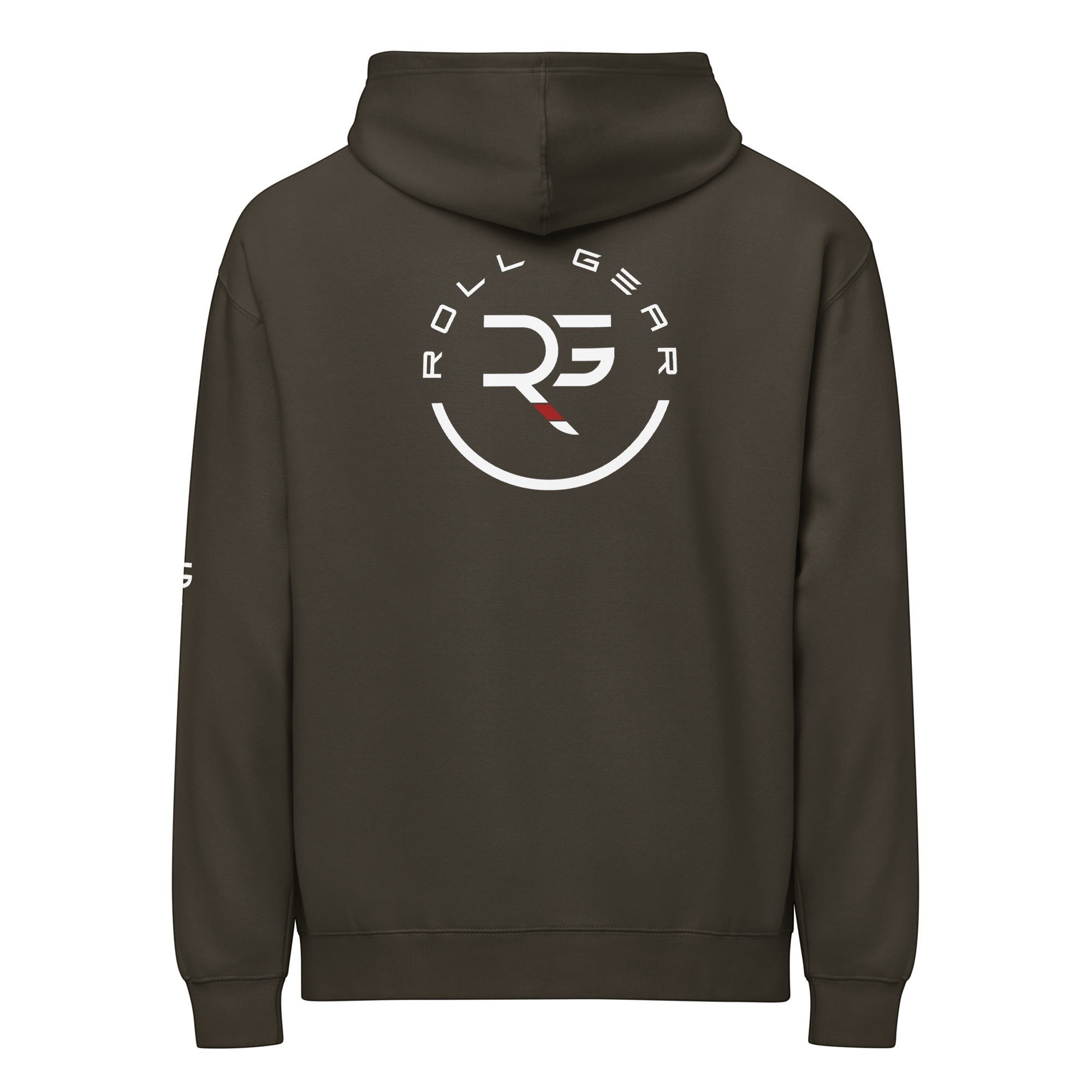 Roll Gear Earned Not Given Legacy Edition sweatshirt in dark brown with circular logo on back.