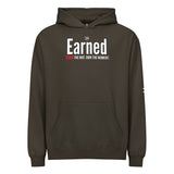 Roll Gear Earned Not Given Legacy Edition sweatshirt in dark brown, featuring a front pocket and bold white "Earned" text with red "OWN the mat. OWN the moment."