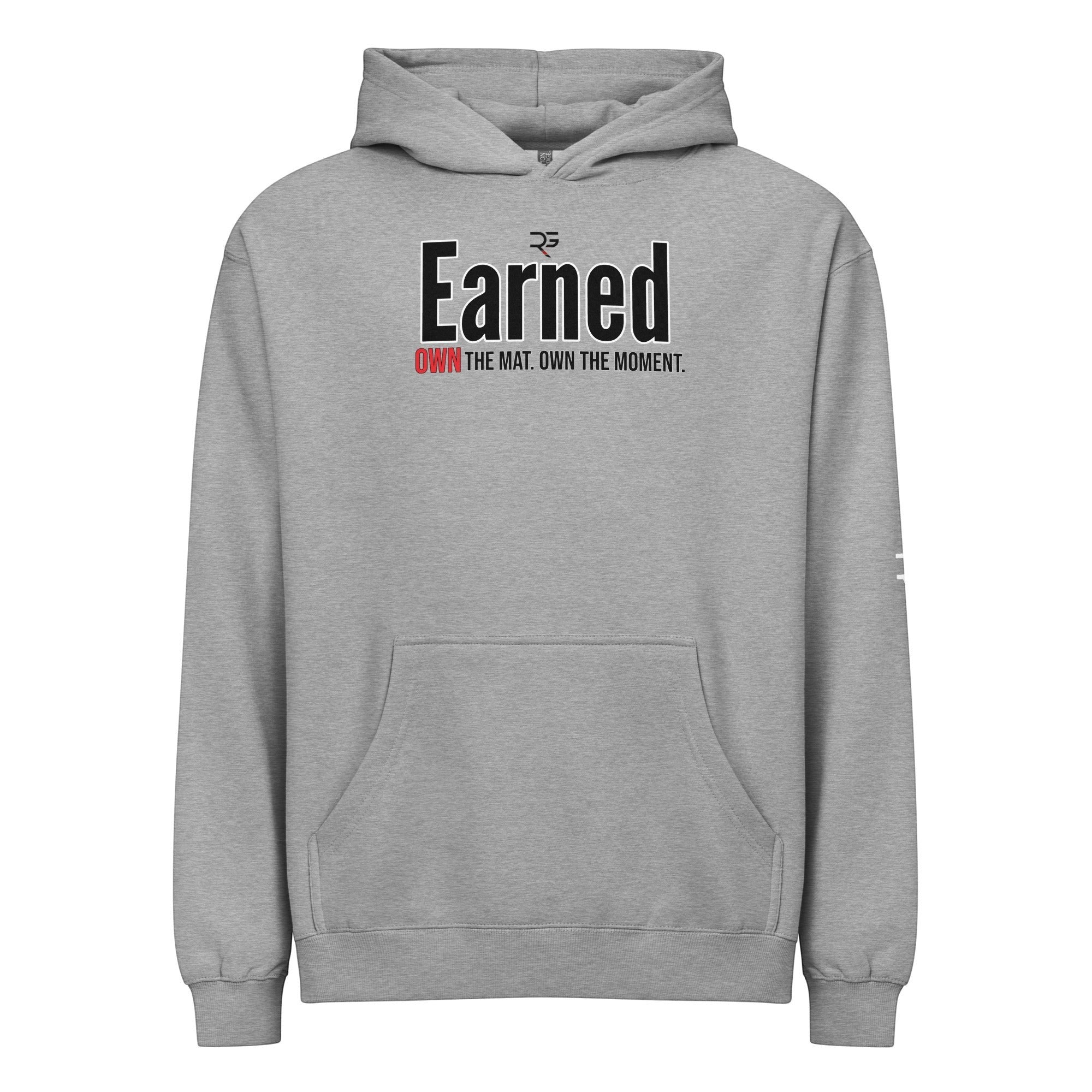 Roll Gear Earned Not Given Legacy Edition grey cotton blend hooded sweatshirt with front pocket and graphic print.