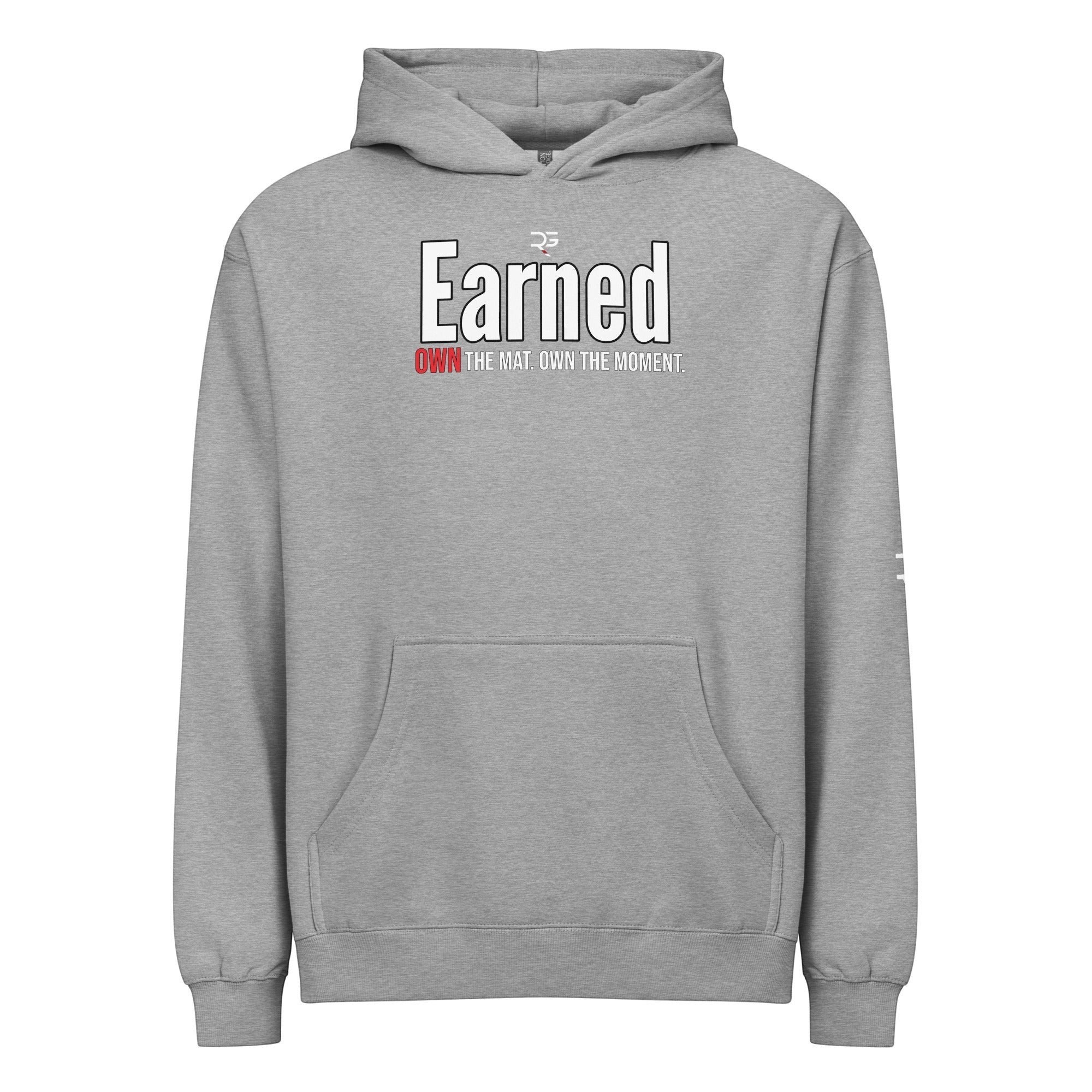 Roll Gear Earned Not Given Legacy Edition grey cotton blend hooded sweatshirt with front pocket and graphic print.