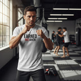 Roll Gear white 100% combed ring-spun cotton heavyweight t-shirt with "Earned Not Given" graphic on back.
