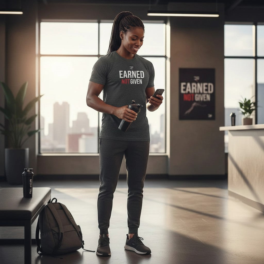 Roll Gear men's relaxed fit dark grey cotton t-shirt with "Earned Not Given" graphic.
