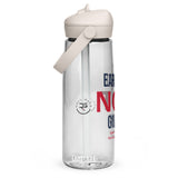 Roll Gear Earned Not Given 25 oz clear water bottle with beige lid and handle, featuring bold text.