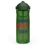 Roll Gear 25 oz green water bottle with "Earned Not Given" text in navy and red, and smaller text "Own the Mat. Own the Moment."