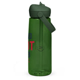 Roll Gear 25 oz green water bottle with dark green lid and handle, featuring "Earned Not Given" text.