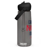 Roll Gear Earned Not Given 25 oz water bottle, grey, with black lid and handle. Features bold text and logo.