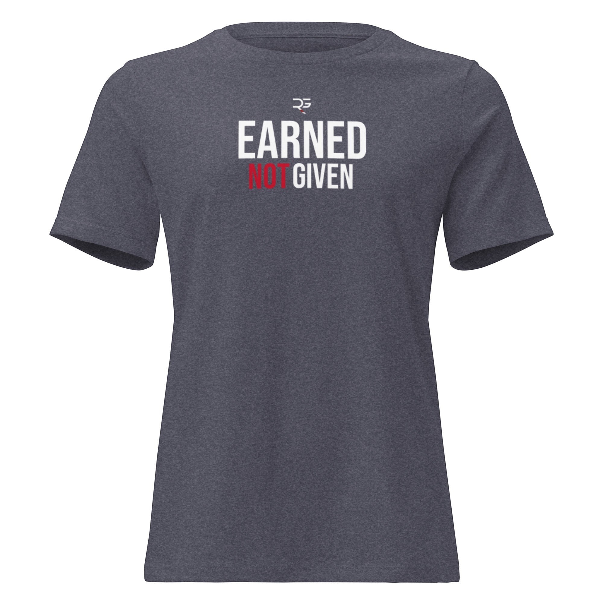 Roll Gear women's relaxed fit crew neck t-shirt in charcoal grey with "Earned Not Given" graphic.