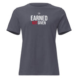 Roll Gear women's relaxed fit crew neck t-shirt in charcoal grey with "Earned Not Given" graphic.