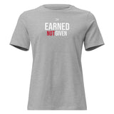 Roll Gear women's relaxed fit grey cotton t-shirt with "Earned Not Given" graphic.