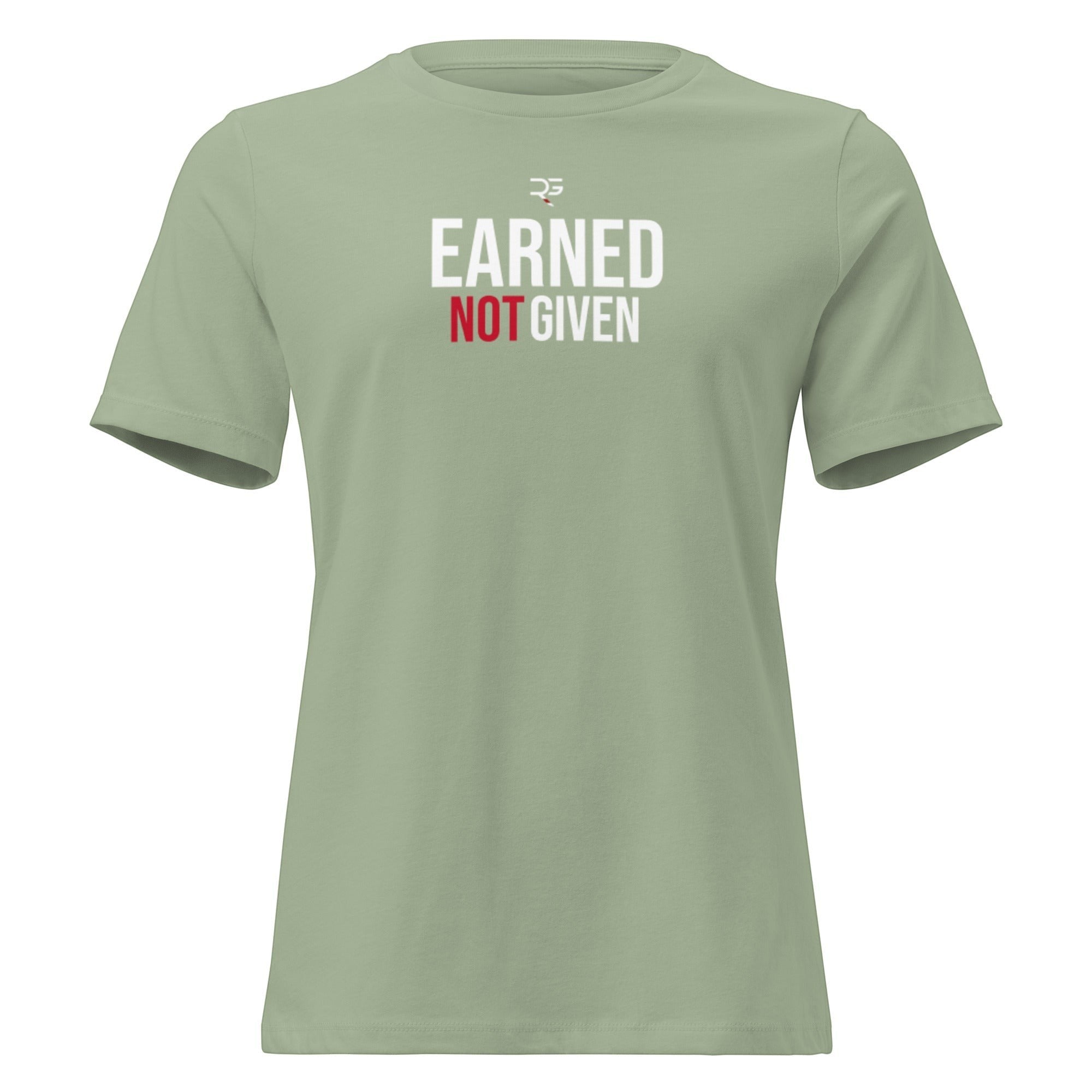Roll Gear women's relaxed fit light green cotton t-shirt with "Earned Not Given" graphic. Sizes S-3XL.