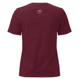 Roll Gear women's relaxed fit maroon cotton t-shirt with 'Earned Not Given' graphic on back.