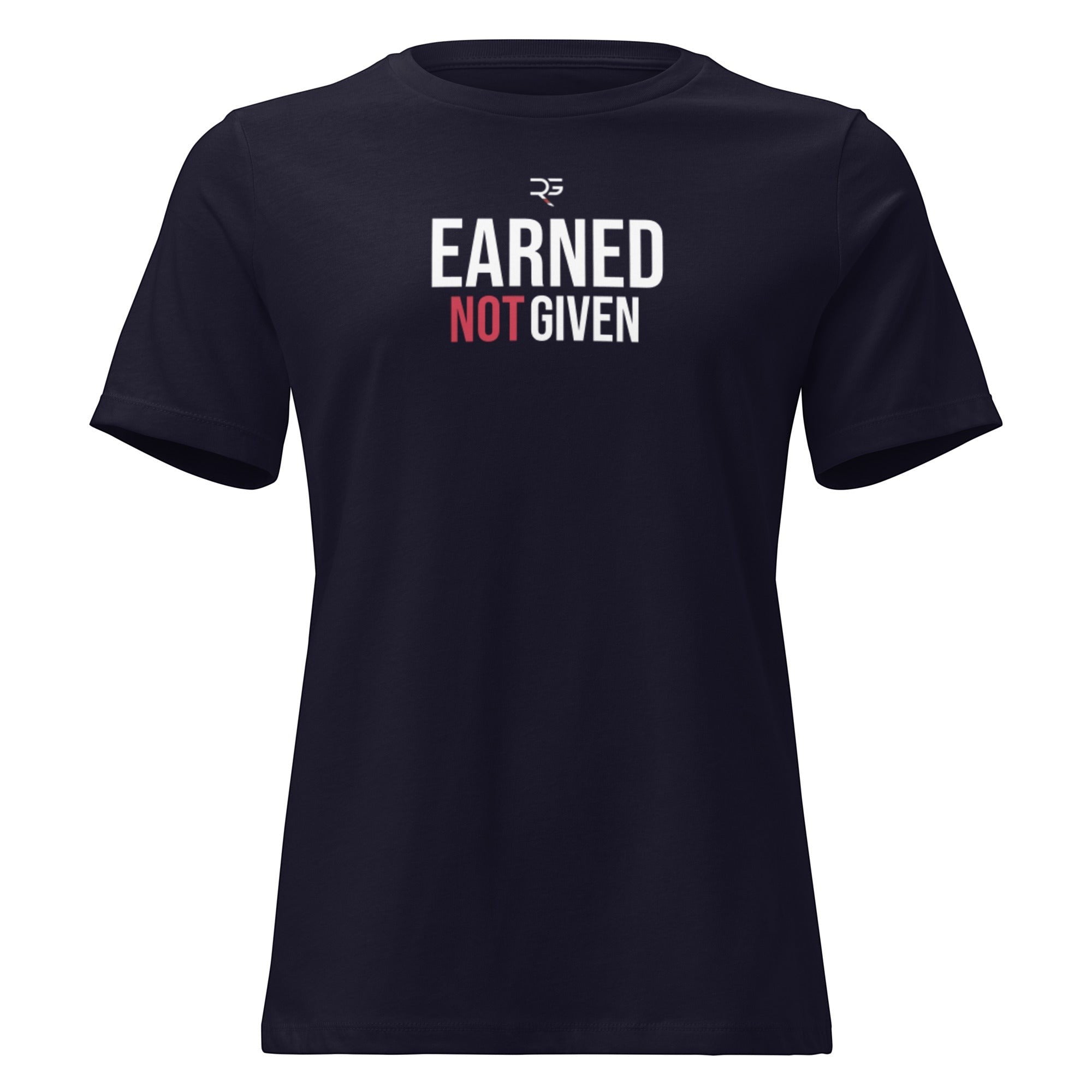 Roll Gear Women's relaxed fit navy blue cotton t-shirt with "Earned Not Given" graphic.