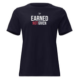 Roll Gear Women's relaxed fit navy blue cotton t-shirt with "Earned Not Given" graphic.