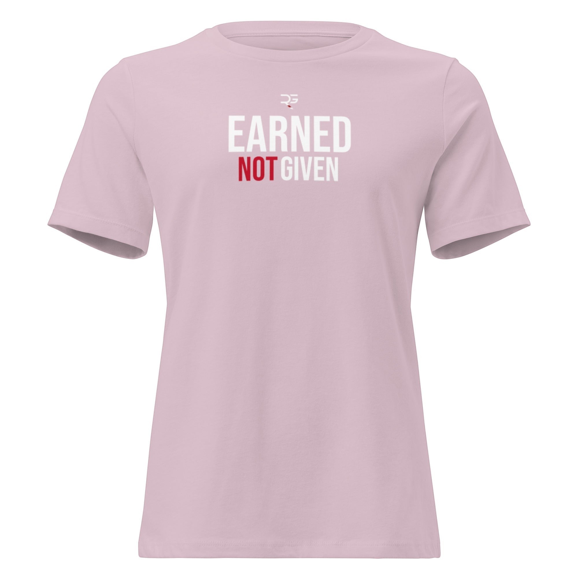 Roll Gear Earned Not Given women's relaxed fit crew neck t-shirt in light pink, 100% cotton.