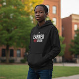 Roll Gear black youth hoodie with "EARNED NOT GIVEN" graphic on back and small logo on front. 100% cotton.