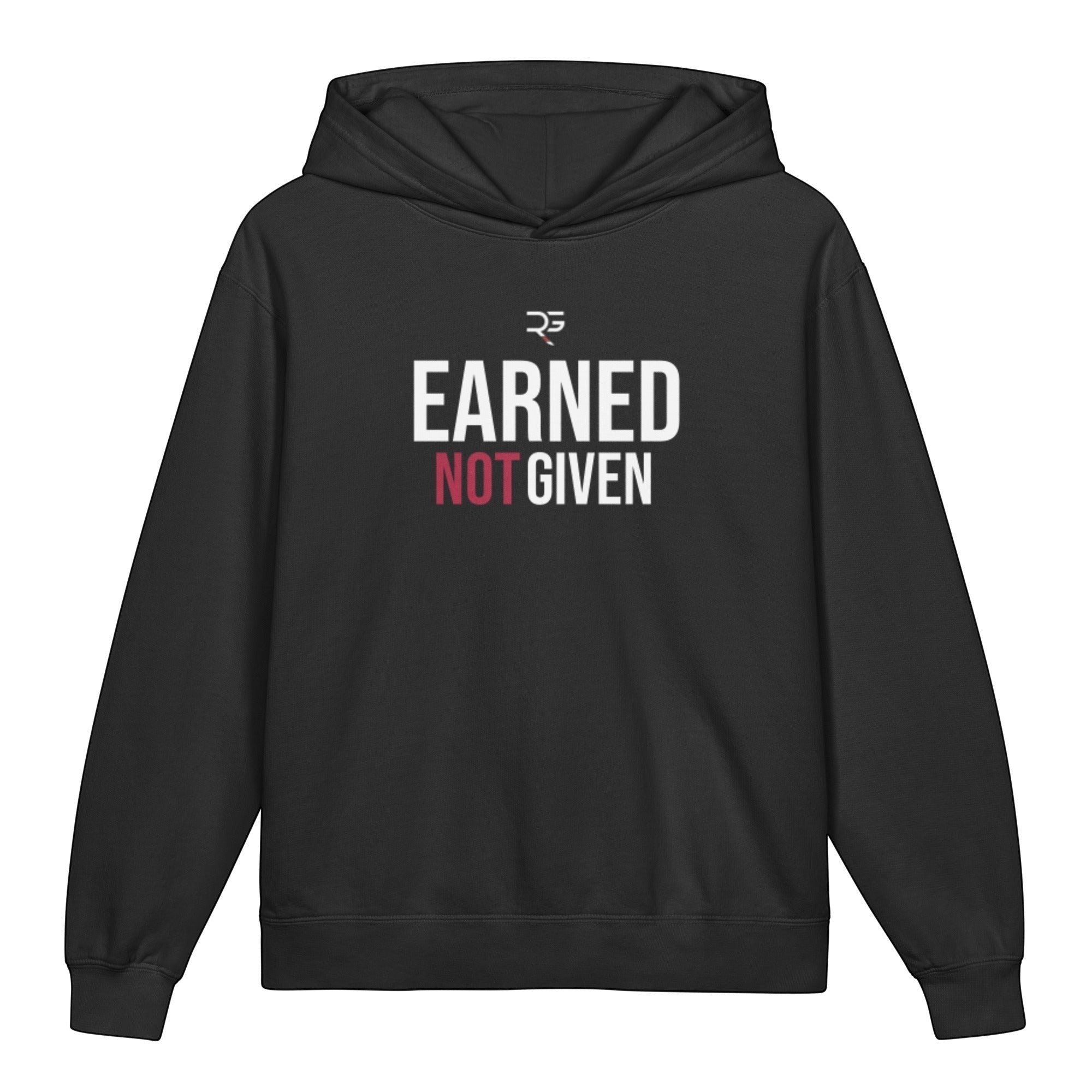 Roll Gear black youth hoodie with "EARNED NOT GIVEN" graphic on the back and small logo on front. 100% cotton.