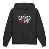 Roll Gear black youth hoodie with "EARNED NOT GIVEN" graphic on the back and small logo on front. 100% cotton.