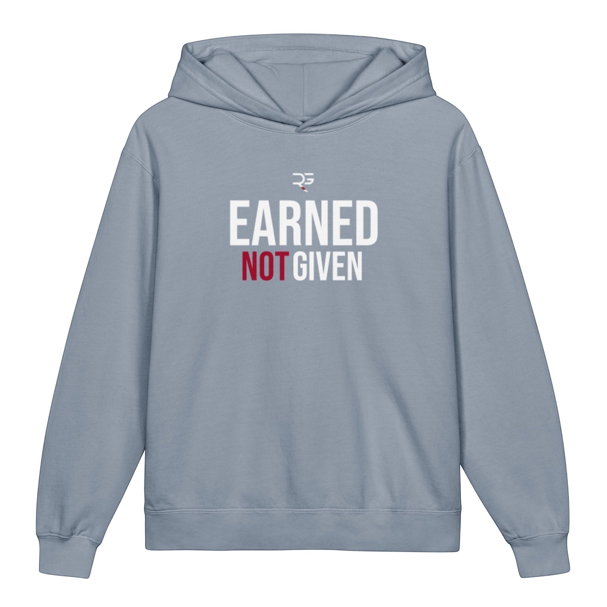 Roll Gear youth hoodie in light blue, 100% cotton, featuring "EARNED NOT GIVEN" graphic on back and logo on front.