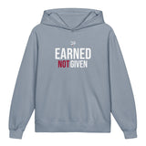 Roll Gear youth hoodie in light blue, 100% cotton, featuring "EARNED NOT GIVEN" graphic on back and logo on front.