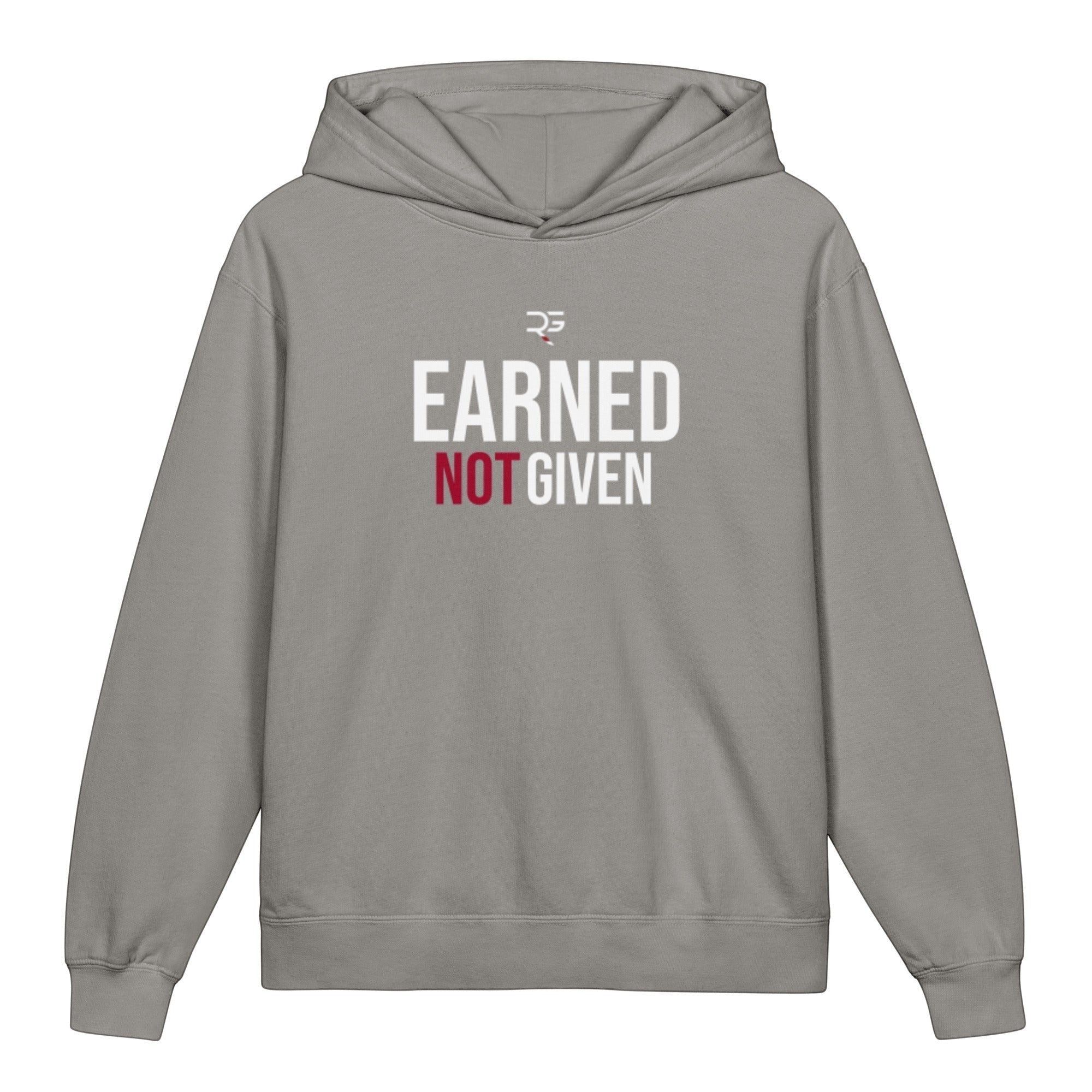 Roll Gear youth hoodie in grey, 100% cotton, featuring "EARNED NOT GIVEN" graphic on back and logo on front.