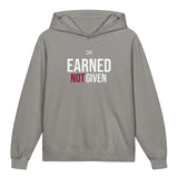 Roll Gear youth hoodie in grey, 100% cotton, featuring "EARNED NOT GIVEN" graphic on back and logo on front.