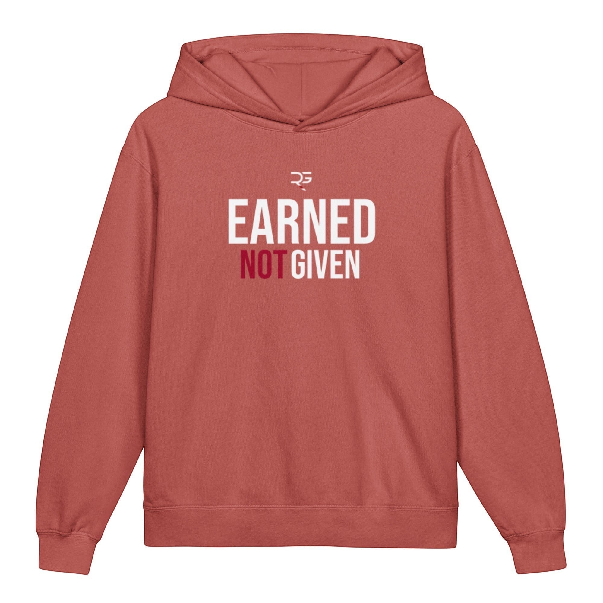 Roll Gear youth hoodie in terracotta red, 100% cotton, featuring "EARNED NOT GIVEN" graphic on back and logo on front.
