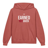 Roll Gear youth hoodie in terracotta red, 100% cotton, featuring "EARNED NOT GIVEN" graphic on back and logo on front.