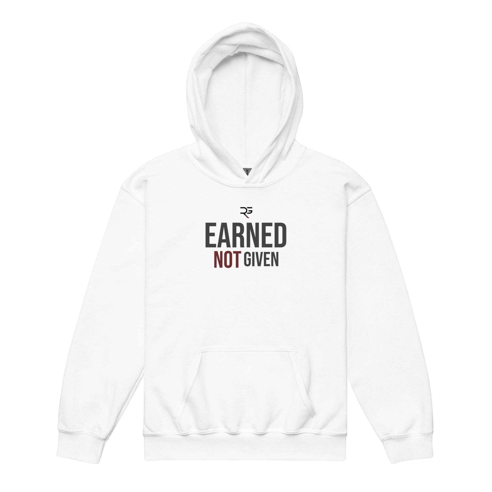 Roll Gear white youth heavyweight hoodie with "EARNED NOT GIVEN" graphic print and front pouch pocket.