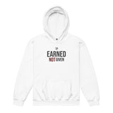 Roll Gear white youth heavyweight hoodie with "EARNED NOT GIVEN" graphic print and front pouch pocket.