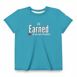 Roll Gear blue youth t-shirt with "Earned. Not Given." graphic and "OWN THE MAT. OWN THE MOMENT." text.