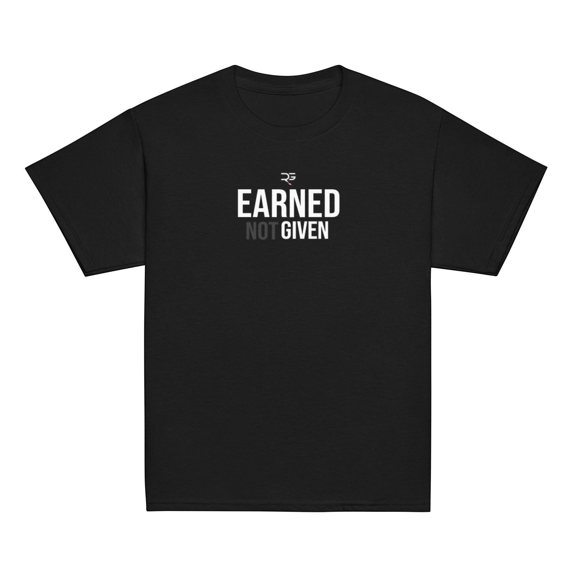 Roll Gear black 100% cotton youth t-shirt with "EARNED NOT GIVEN" graphic print on chest.
