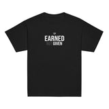 Roll Gear black 100% cotton youth t-shirt with "EARNED NOT GIVEN" graphic print on chest.