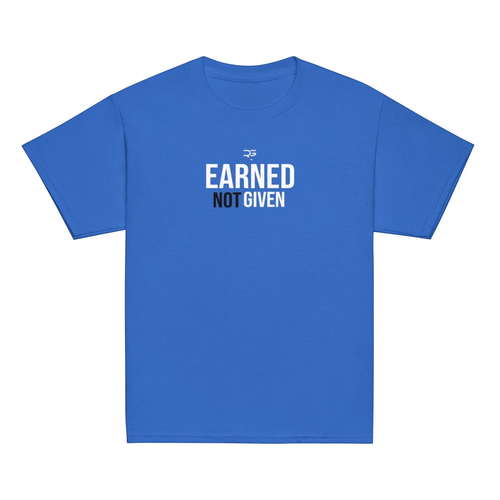 Roll Gear blue 100% cotton youth t-shirt with "EARNED NOT GIVEN" graphic print on chest.