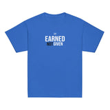 Roll Gear blue 100% cotton youth t-shirt with "EARNED NOT GIVEN" graphic print on chest.