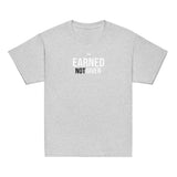 Roll Gear Youth T-shirt in heather grey, 100% cotton, with "EARNED NOT GIVEN" graphic print. Unisex classic fit.
