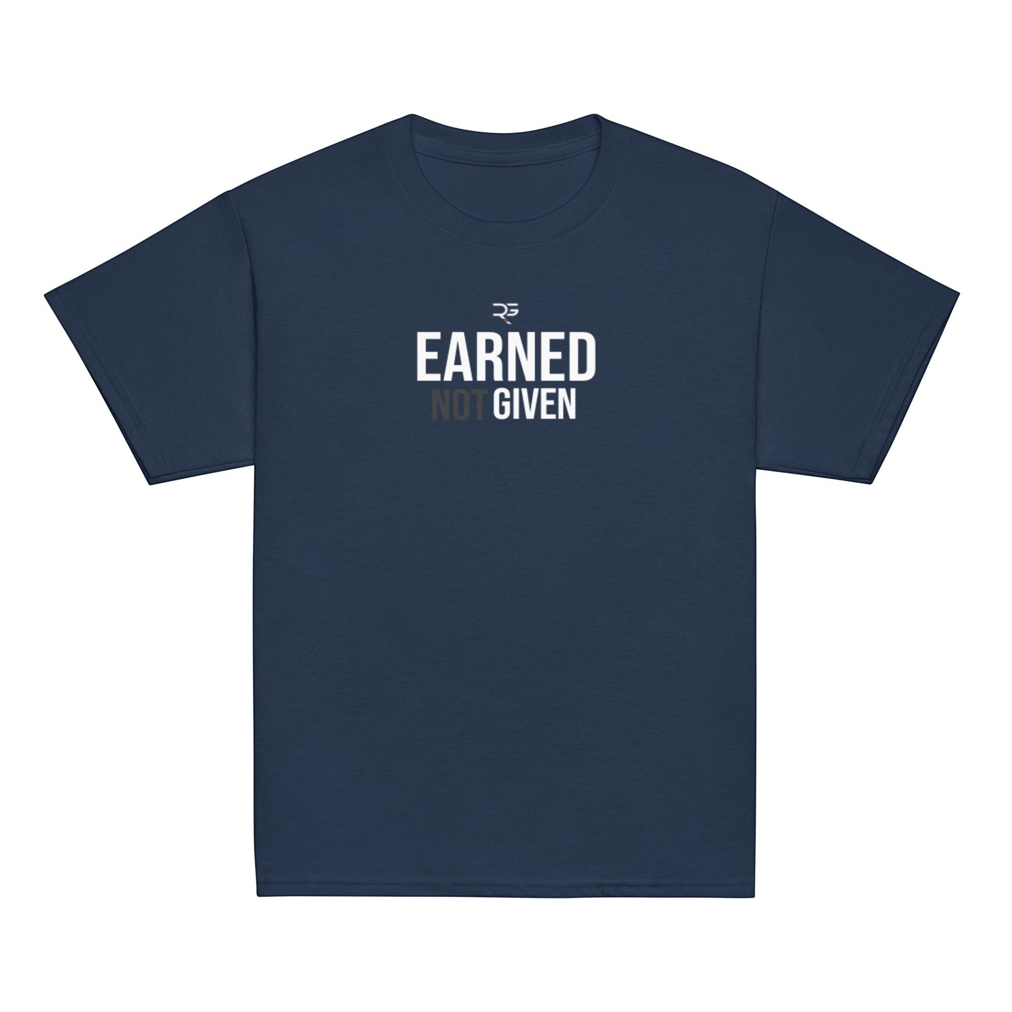 Roll Gear navy blue 100% cotton youth t-shirt with "EARNED NOT GIVEN" graphic. Classic fit, unisex.
