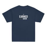 Roll Gear navy blue 100% cotton youth t-shirt with "EARNED NOT GIVEN" graphic. Classic fit, unisex.