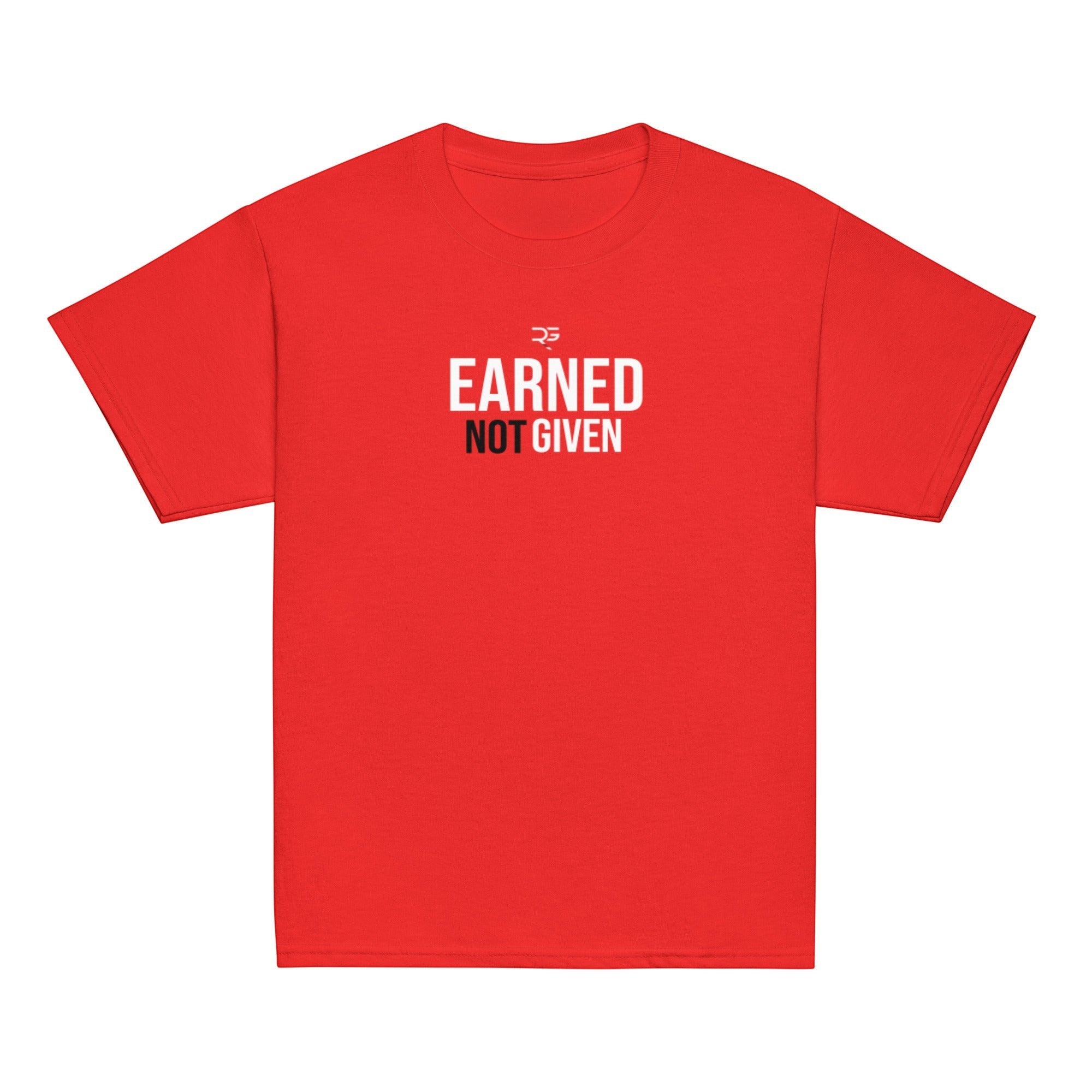 Roll Gear red 100% cotton youth t-shirt with "EARNED NOT GIVEN" graphic print. Unisex classic fit.