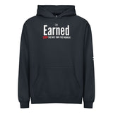 Roll Gear navy blue hooded sweatshirt with "Earned" graphic and "OWN the MAT. OWN the MOMENT." text.