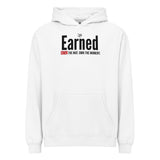 Roll Gear white cotton pullover sweatshirt with "Earned" graphic and "OWN THE MAT. OWN THE MOMENT." text.