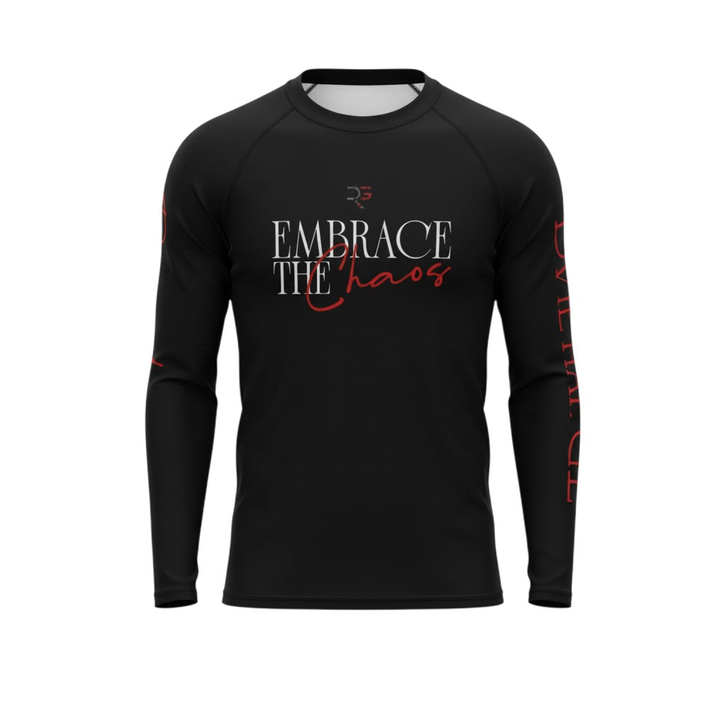 Roll Gear Embrace the Chaos Rash Guard – Black – Men’s, flat front view, Embrace the Chaos chest print.