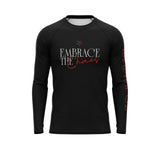 Roll Gear Embrace the Chaos Rash Guard – Black – Men’s, flat front view, Embrace the Chaos chest print.