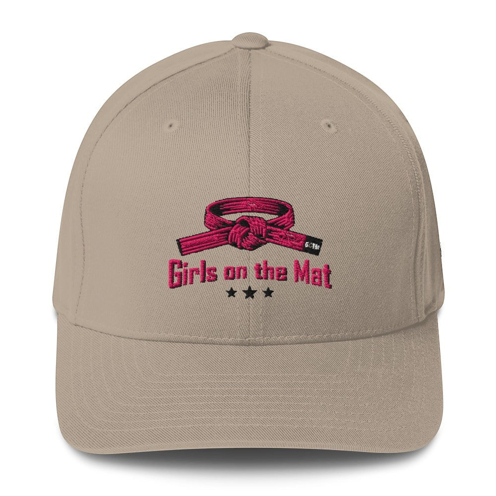 Roll Gear Girls on the Mat embroidered beige baseball cap with pink belt graphic and stretch fit
