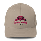 Roll Gear Girls on the Mat embroidered beige baseball cap with pink belt graphic and stretch fit