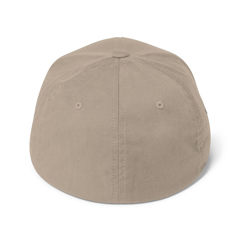 Roll Gear Girls on the Mat embroidered hat in beige, 63% polyester, 34% cotton, 3% spandex twill, structured 6-panel design.