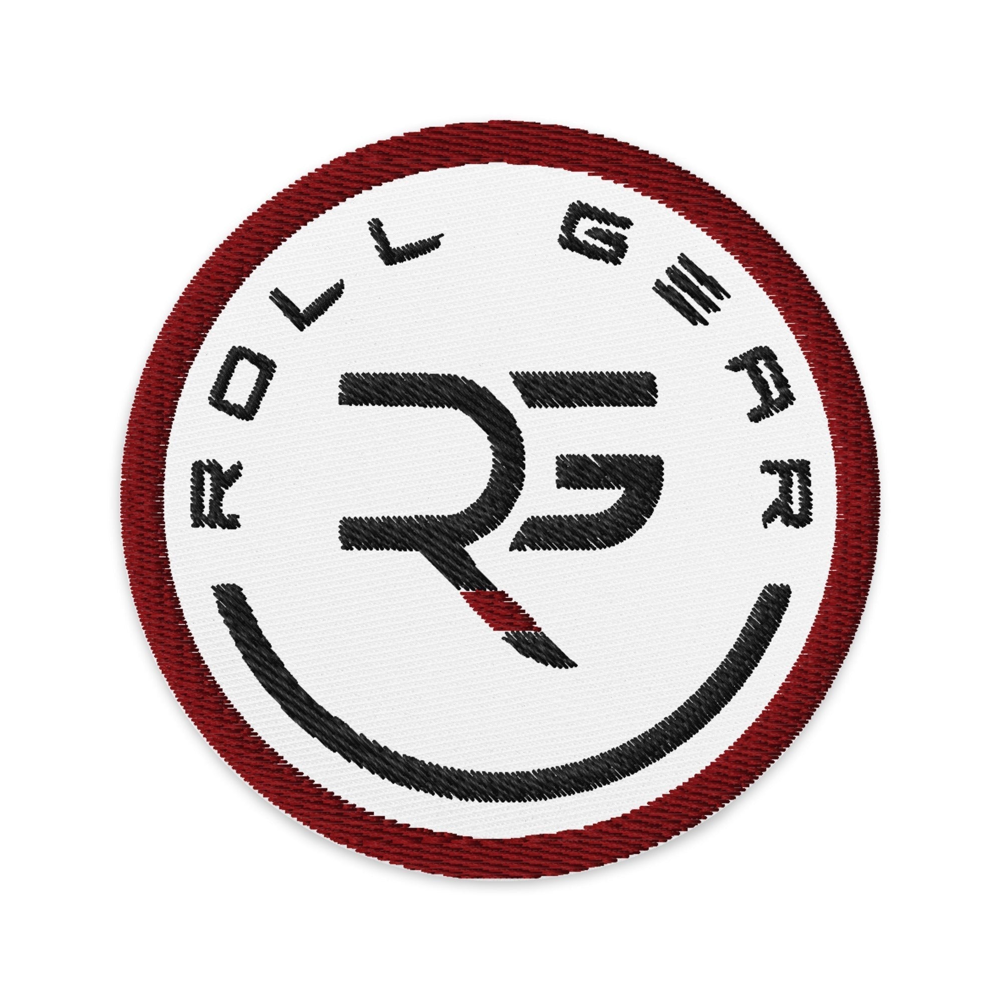 Roll Gear circular embroidered patch with black RG logo on white, red border. 3" diameter, cotton-polyester twill.