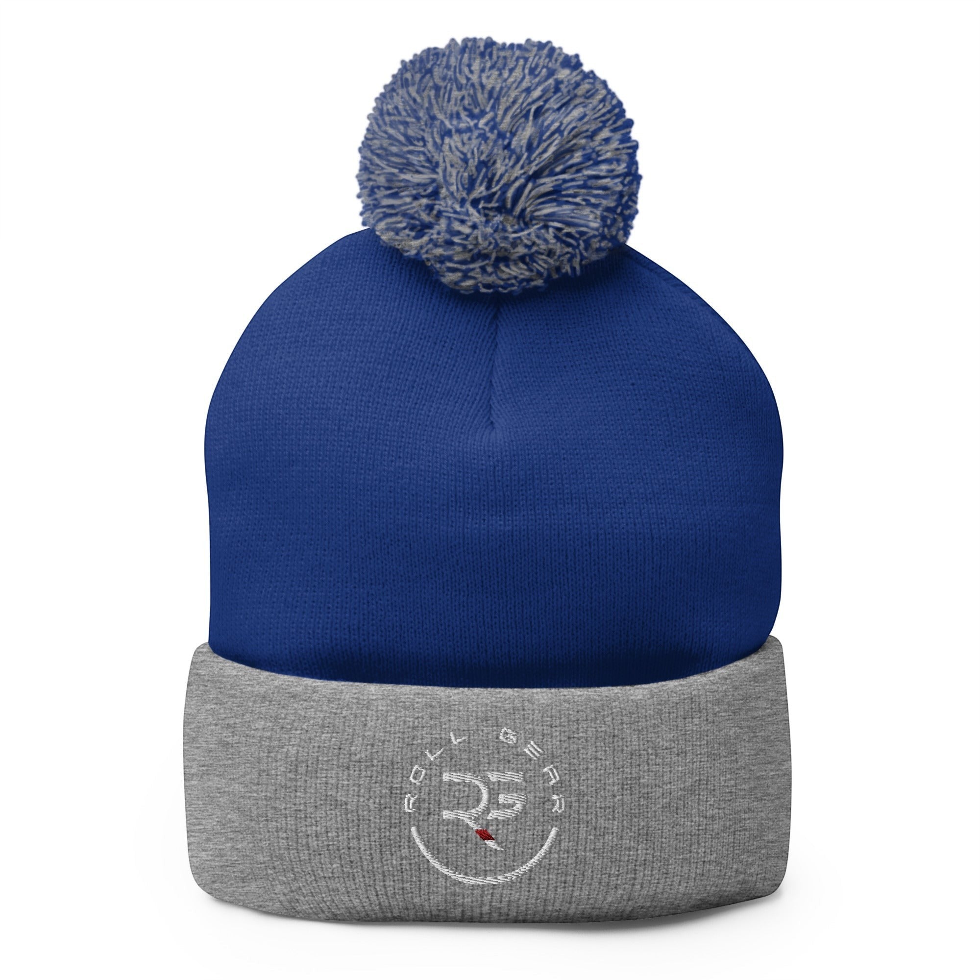 Roll Gear blue knit beanie with grey cuff and pom pom, embroidered logo
