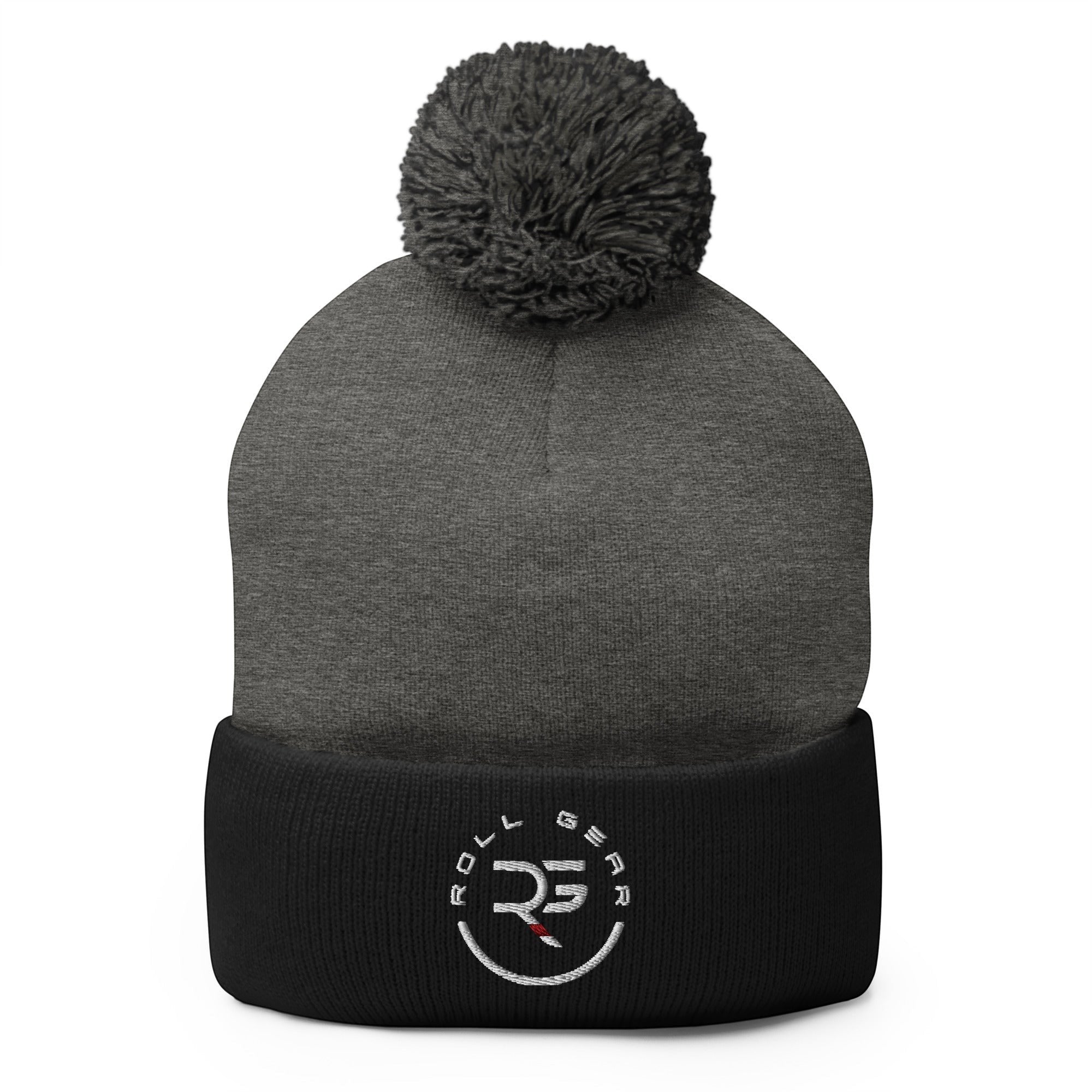 Roll Gear embroidered pom pom beanie hat in charcoal grey and black acrylic knit with logo.